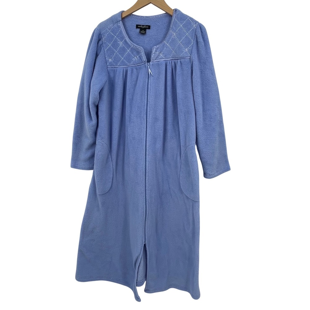 Earth Angels Womens Blue Fleece Zip Front Long Robe Quilted Floral Yoke Medium